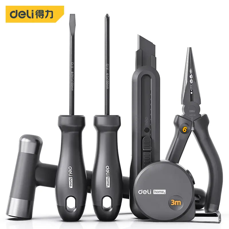 Black and silver deli multitool hand repair tool kit featuring screwdrivers pliers a utility knife a hammer and a 3-meter tape measure.