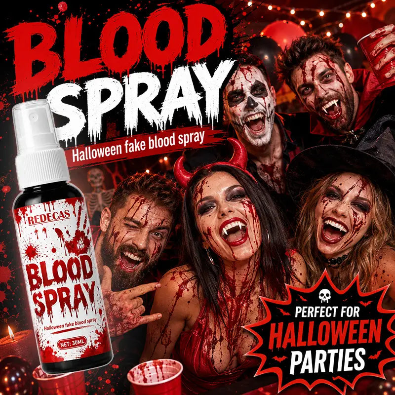 Redecas spray de sangre falsa para Halloween en aerosol, en un frasco negro de 30 ml con bomba de 30 ml y etiqueta blanca, lavable para efectos de maquillaje.