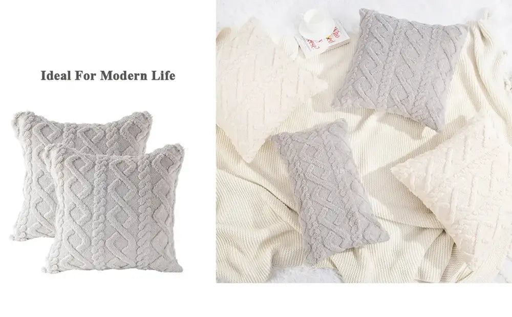 Soft gray plush geometric throw pillow cover with a textured cable-knit pattern made of knit material measuring 45x45cm.