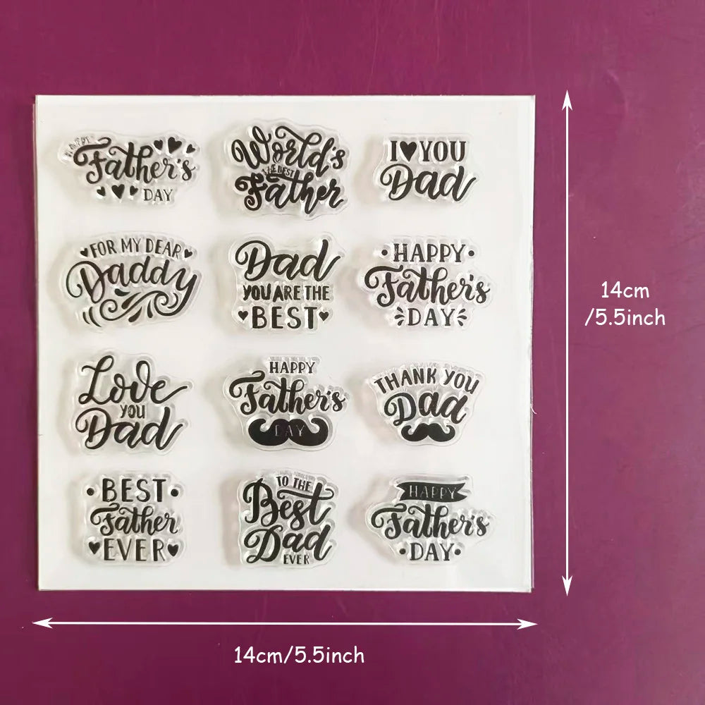 clear acrylic birthday stamps set featuring black cursive and bold text designs with father’s day phrases like worlds best dad and i love you dad.