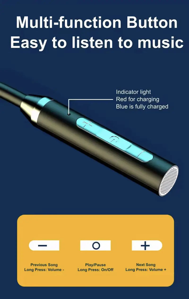 Schwarze Mehrfunktions-Taste mit schlankem zylindrischem Design und einem hellblauen Anzeigestreifen für den Ladezustand bei Wireless-Nackenband-Gaming-Ohrhörern mit Bluetooth-LED.