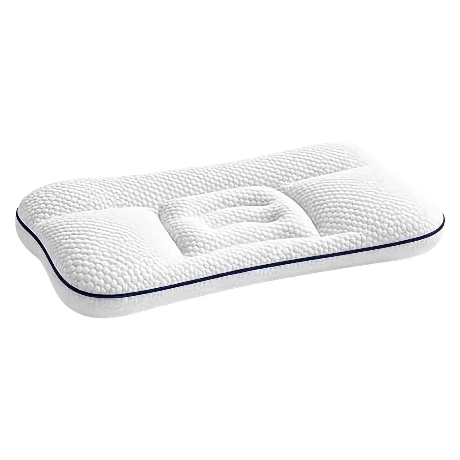 Ergonomisches Kinder-Kissen aus Memory-Schaum für den Nackenstützbereich in Weiß mit einer strukturiert erhabenen, punktuellen Oberfläche und navyblauen Einfassungen entlang der Kanten.