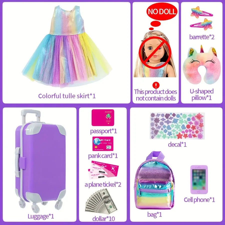 18inch Doll Clothes and Accessories Doll Suitcase Travel Set Include Pillow Unicorn Bag Camera Computer Phone Passport Kids Gift