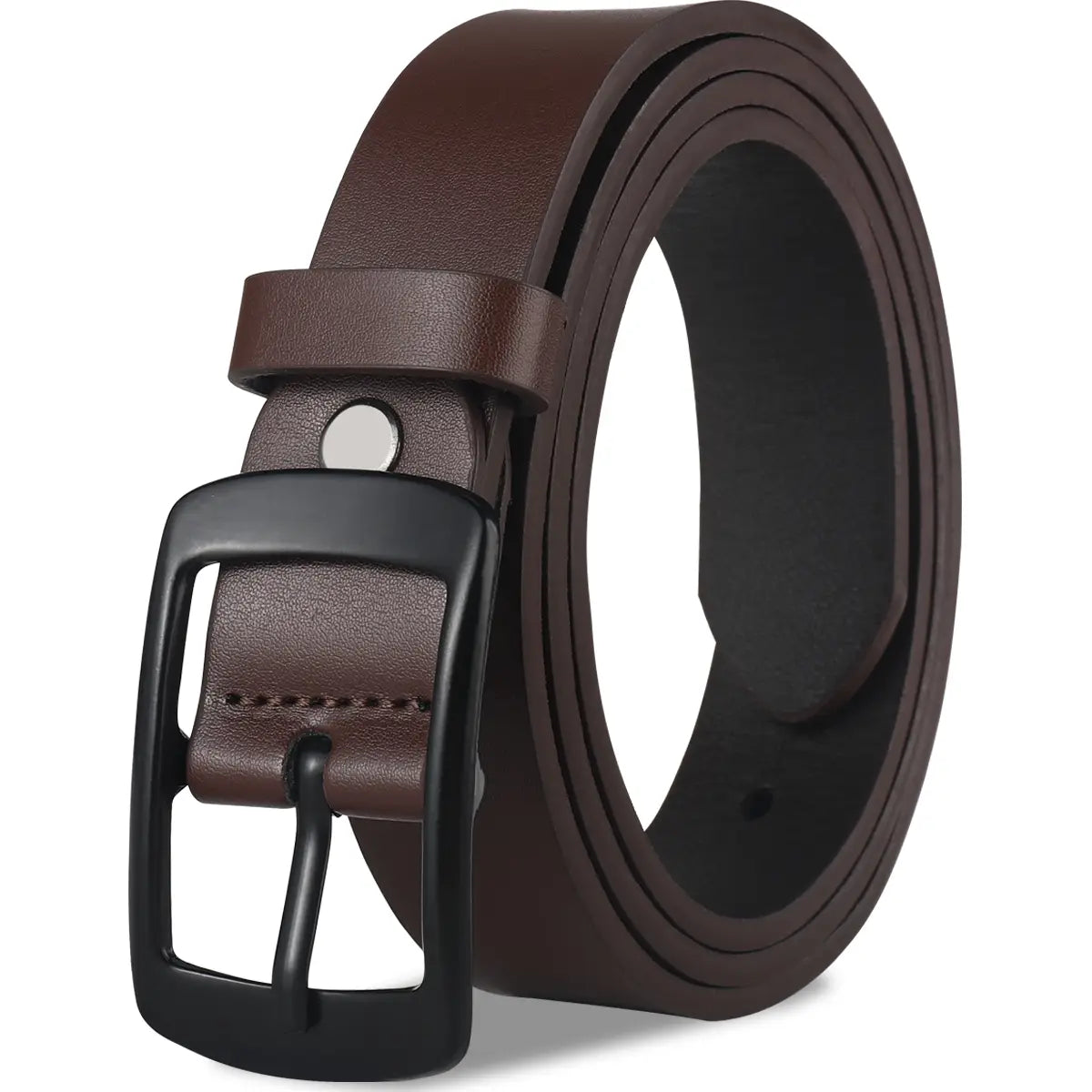 Ceinture pour femmes de marque en cuir, avec lanière en cuir brun et boucle à goupille en métal noir.