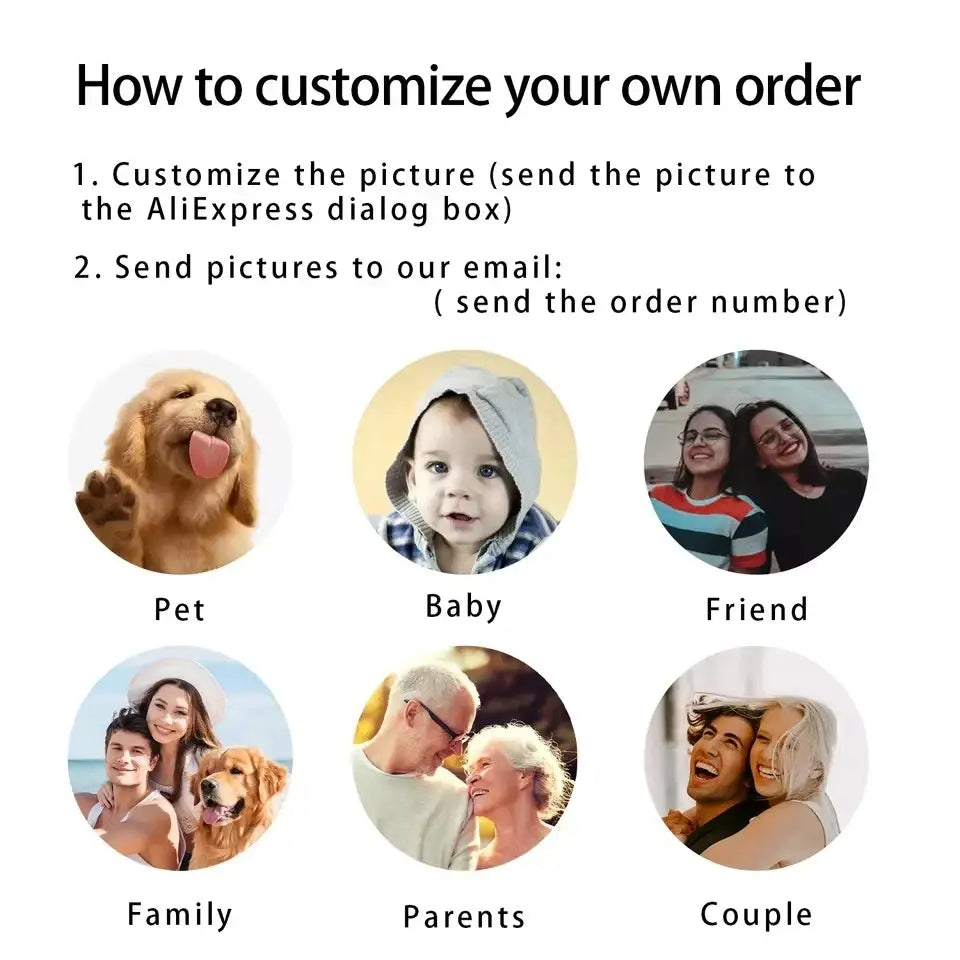 custom pet photo stainless steel heart keychain with customizable circular icons labeled pet, baby, friend, family, parents, and couple.
