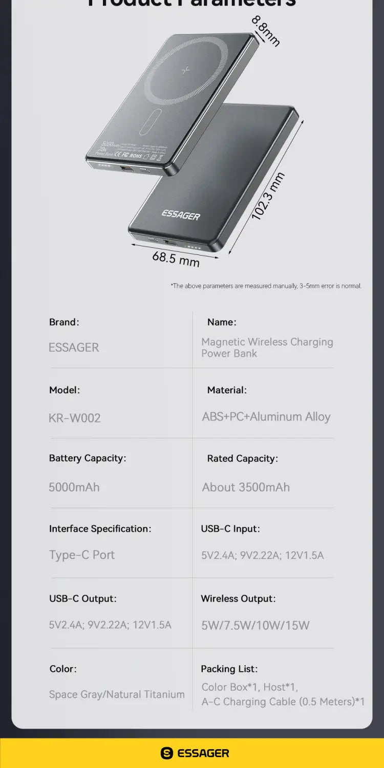 Power bank inalámbrico color gris espacial y titanio natural de 5000 mAh, con carga magnética rápida y construcción de ABS-PC y aleación de aluminio.