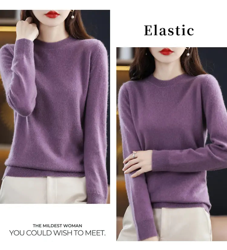 a soft lavender pure wool cashmere o-neck pullover sweater with elastic cuffs and a round neckline