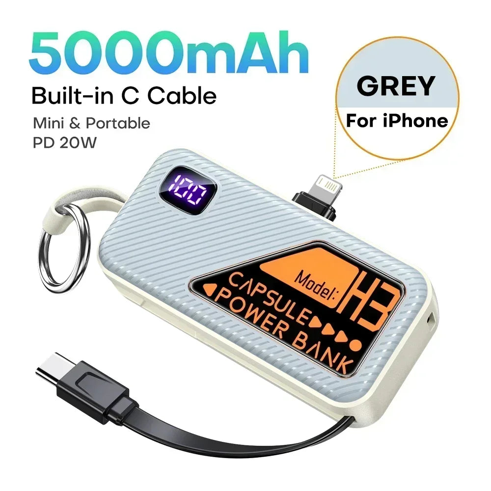 Mini Portable Power Bank 5000mAh PD20W Fast Charger Built-in Cable Digital Display External Battery For IOS Android Smartphones