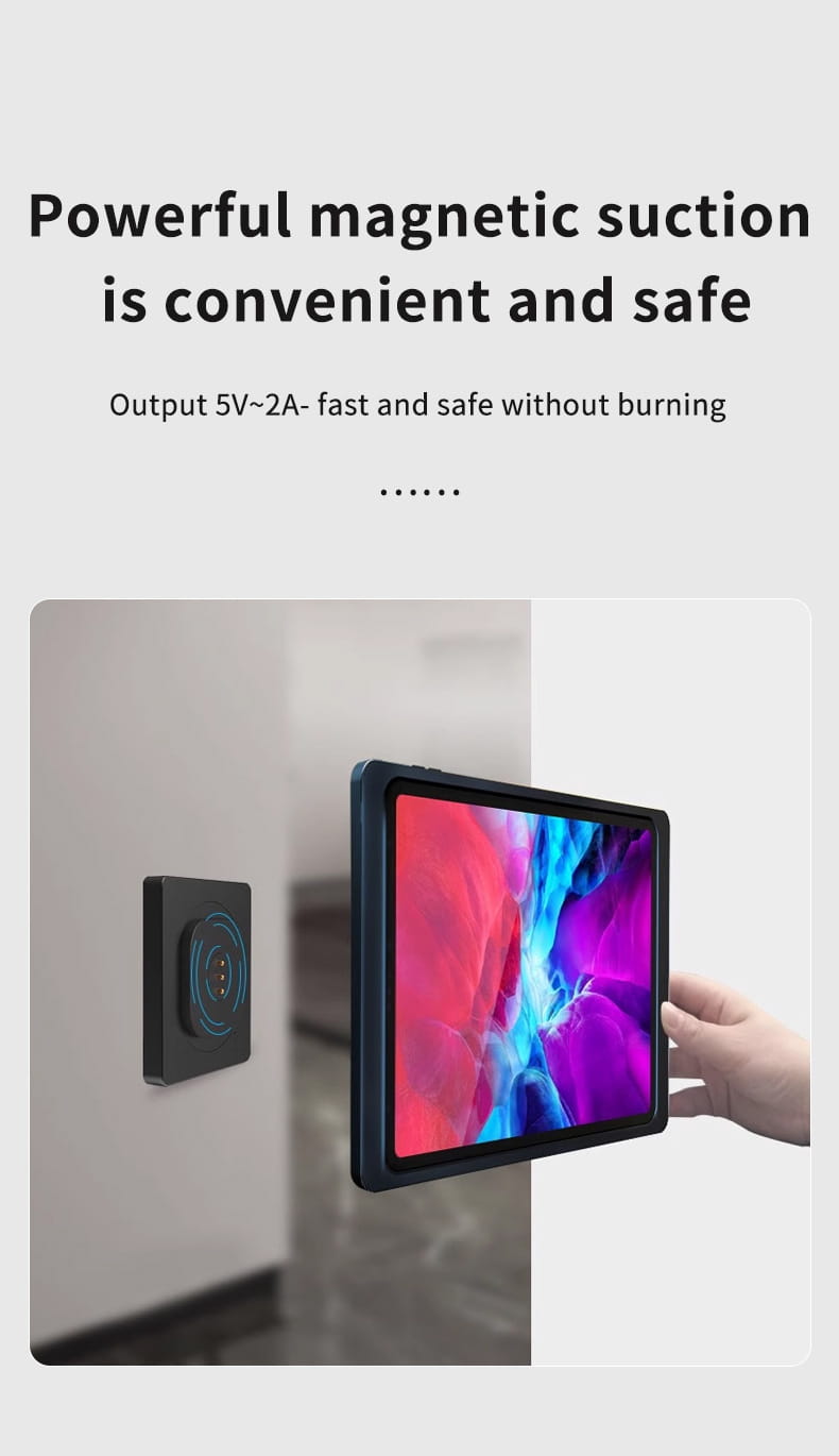 black magnetic tablet charger with circular blue accent designed for tablet wall mount magnetic bracket and wall mount use