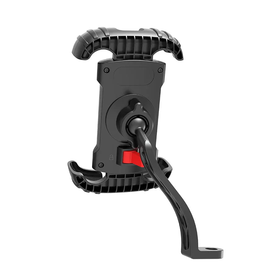 Support de téléphone pour vélo universel en plastique noir avec rotation à 360 degrés, bras réglable et bouton de déverrouillage rouge pour une utilisation moto sécurisée.