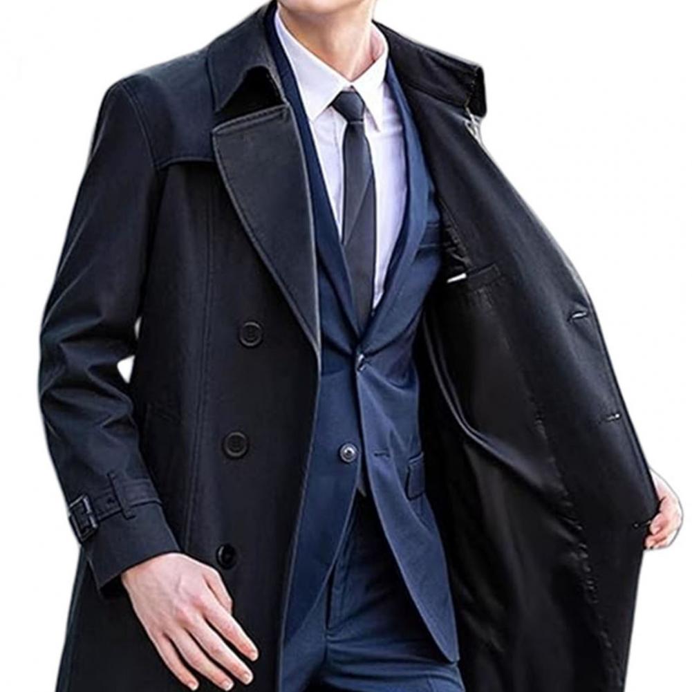 Black men windbreaker casual trench coat with double-breasted design, classic collar, belted cuffs, and long sleeve length.