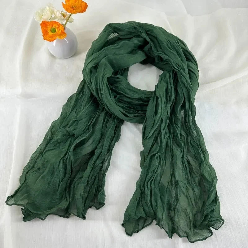 Multi Color Women Soft Breathable Cotton and Linen Scarves Solid Color Pleated Scarf Retro Bohemian Style Long Wraps 180*90cm