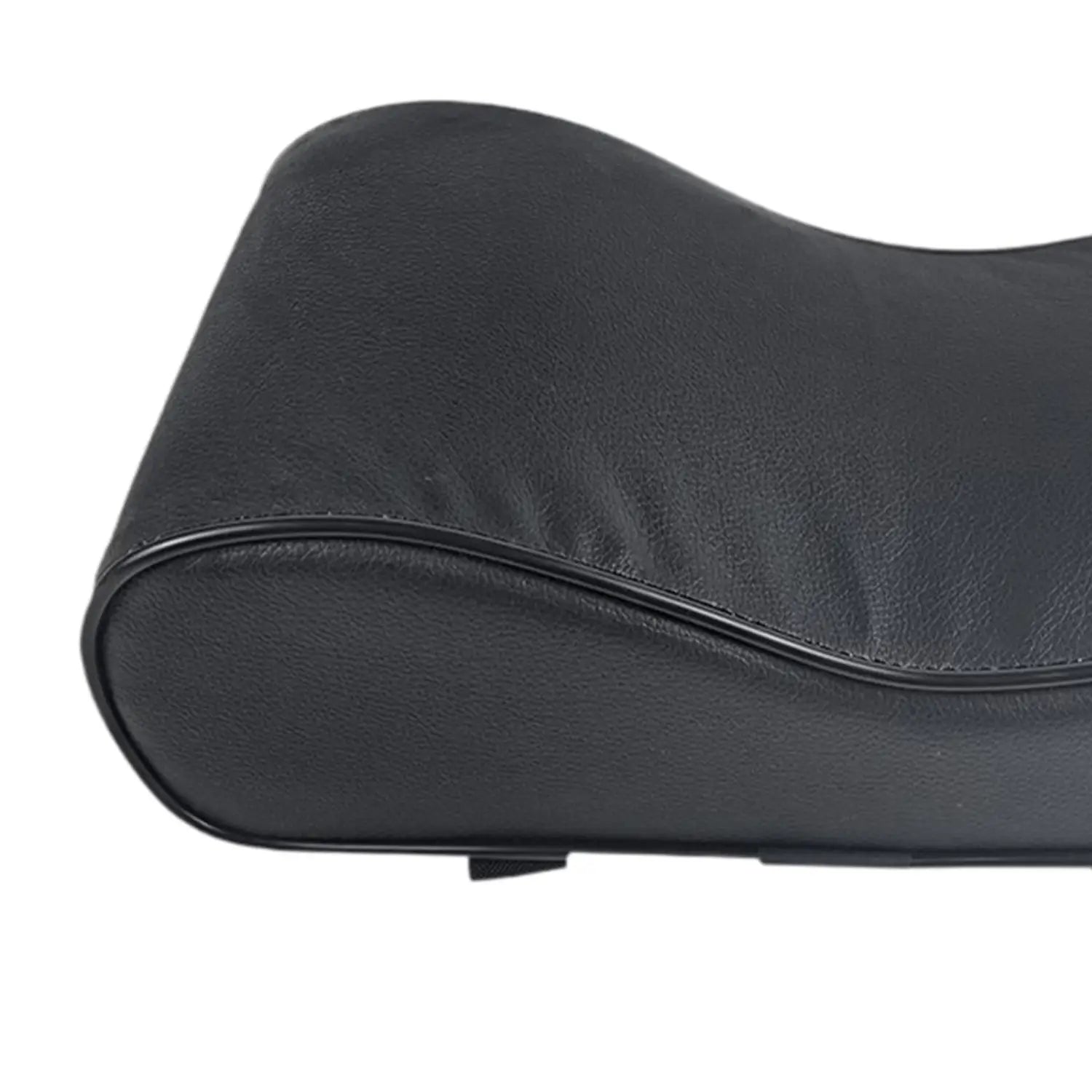 Black faux leather neck support pillow with smooth curved design and stitched edges for pilates reformer use