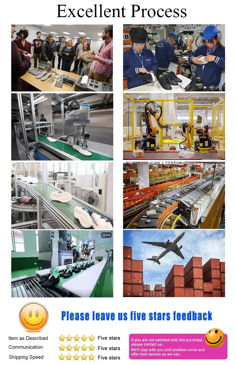 La imagen muestra un collage del proceso de fabricación de zapatos de vestir de punta afilada de lujo para hombre, con trabajadores que inspeccionan zapatos de cuero, brazos robóticos que ensamblan componentes y cintas transportadoras que trasladan los productos terminados a través de una línea de producción automatizada en fábrica.