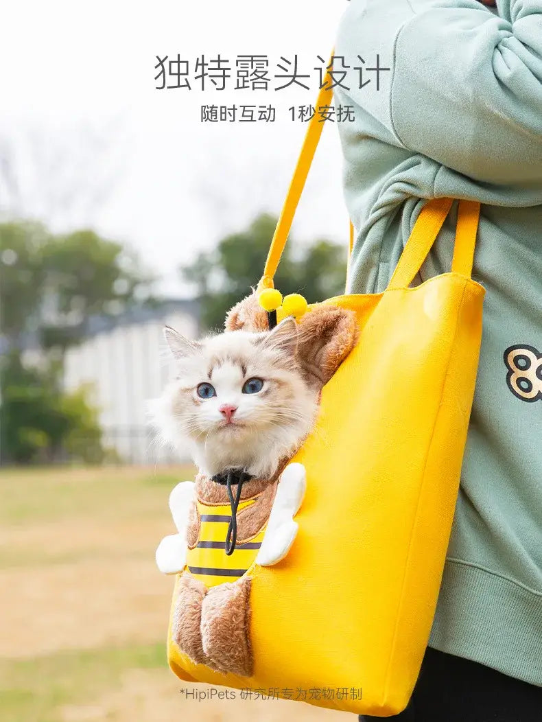 yellow plush canvas pet carrier bag with bee-themed design brown ears white wings suitable for small dog cat mouth length adjustable opening