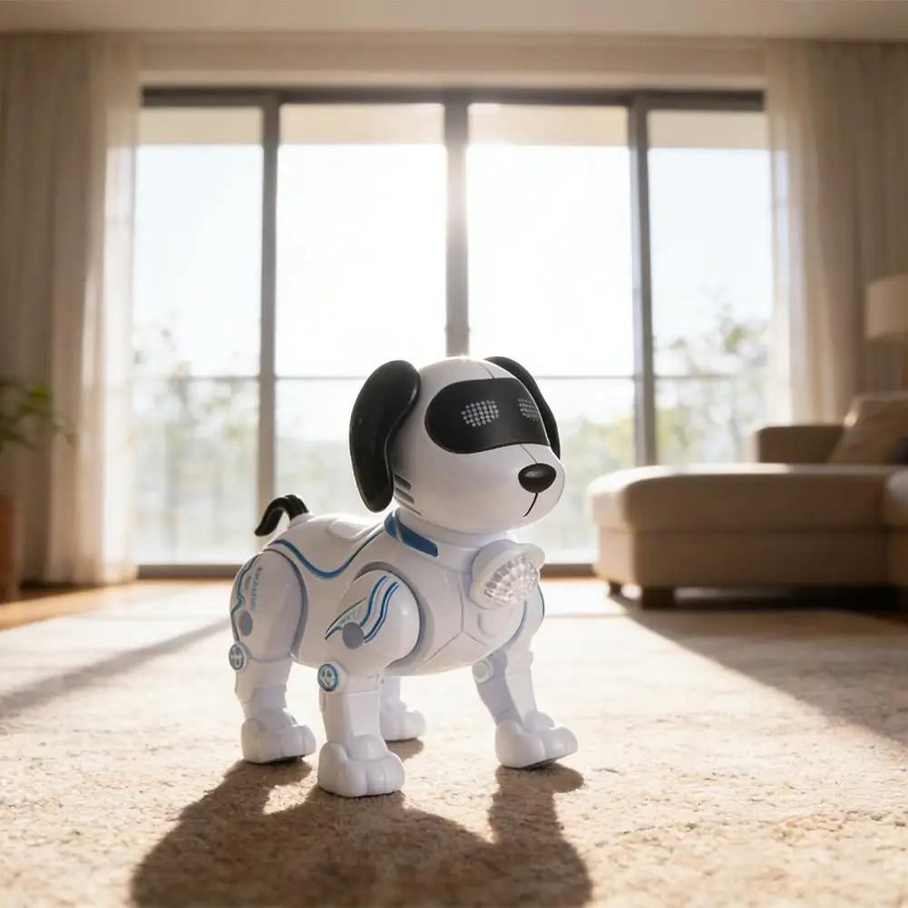 青いアクセントラインと発光LED目パネルを備えた、インテリジェントな音楽ロボットとして設計された白黒の音楽ロボット犬おもちゃで、インタラクティブな歩行遊びに適しています。