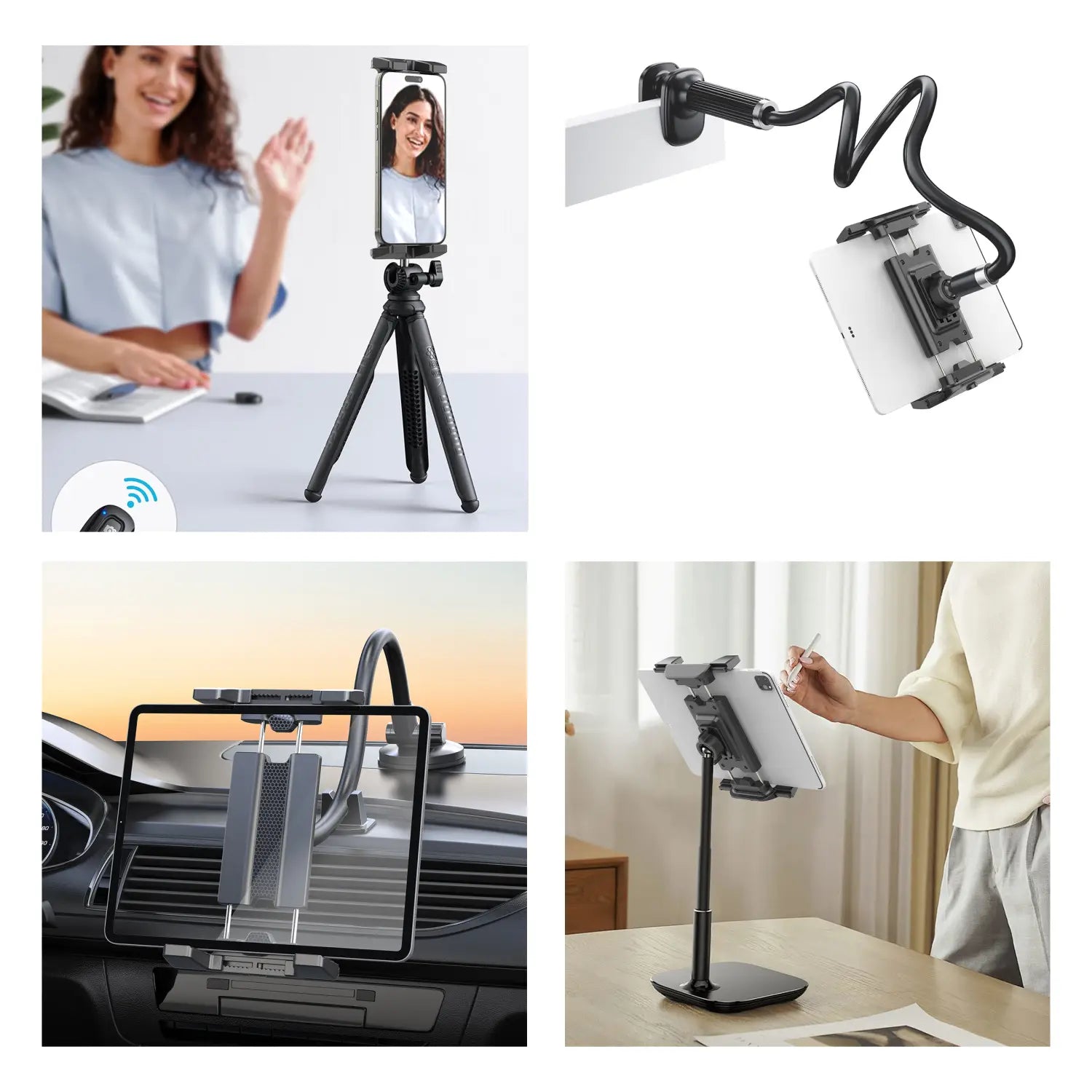 black adjustable length tablet holder tripod with flexible gooseneck arm for smartphone and tablet use