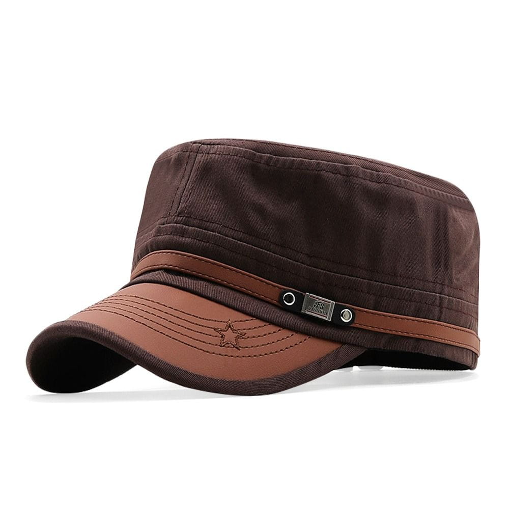 Brown and tan military cadet baseball cap with stitched star emblem on the brim made of adjustable cotton material.