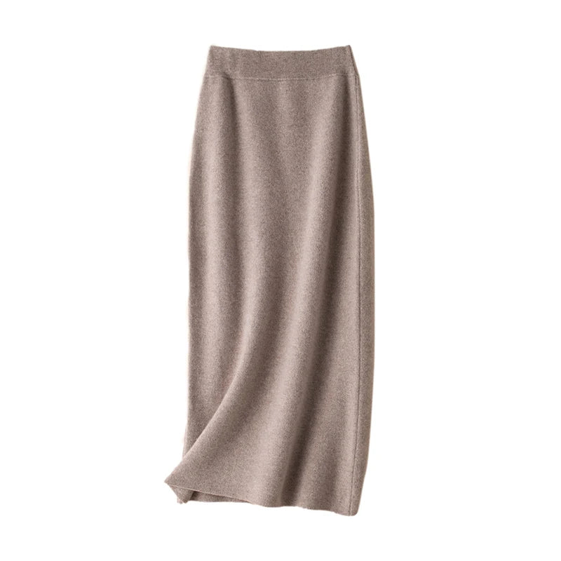 100% Pure Wool Skirt New Women's Autumn and Winter Mid-Length High-Waisted Thin Cashmere Skirt Knitted All-Match Hip Skirt