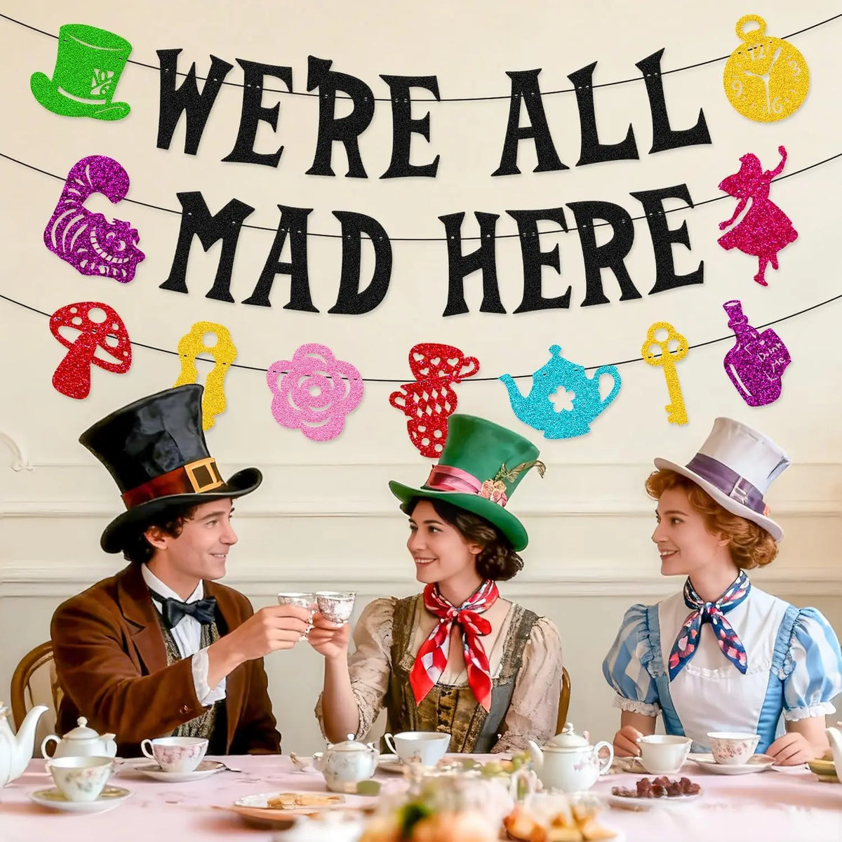 We’re All Mad Here Banner Fantasy One Years Old Birthday Party Decorations Welcome Baby Girl Boy Afternoon Tea Party Supplies