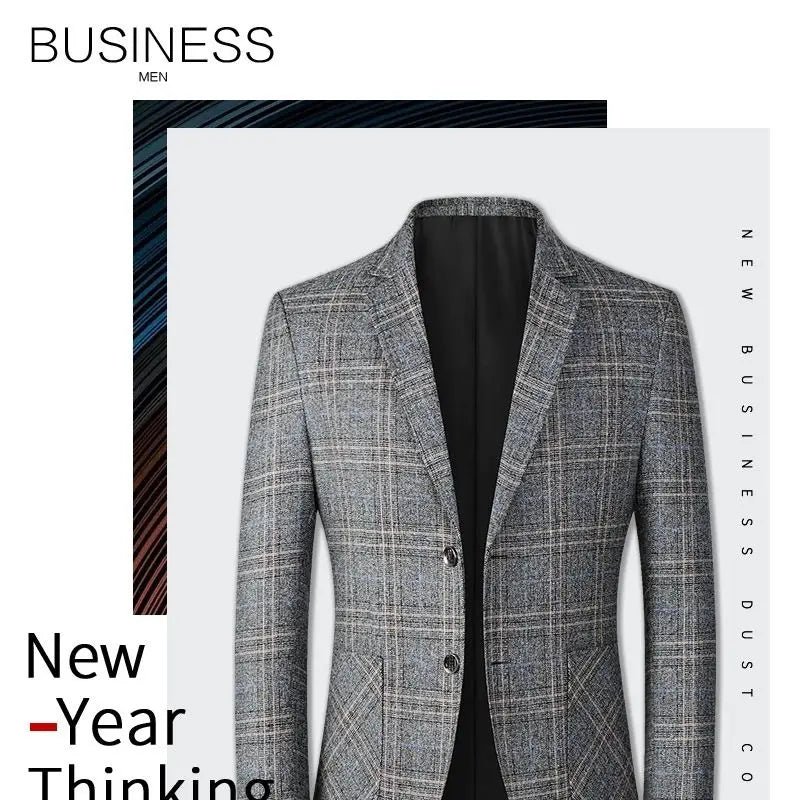 Blazer de lana con mezcla de cuadros grises para hombre, estilo casual de negocios, con un diseño clásico de doble botonadura y forro interior negro.