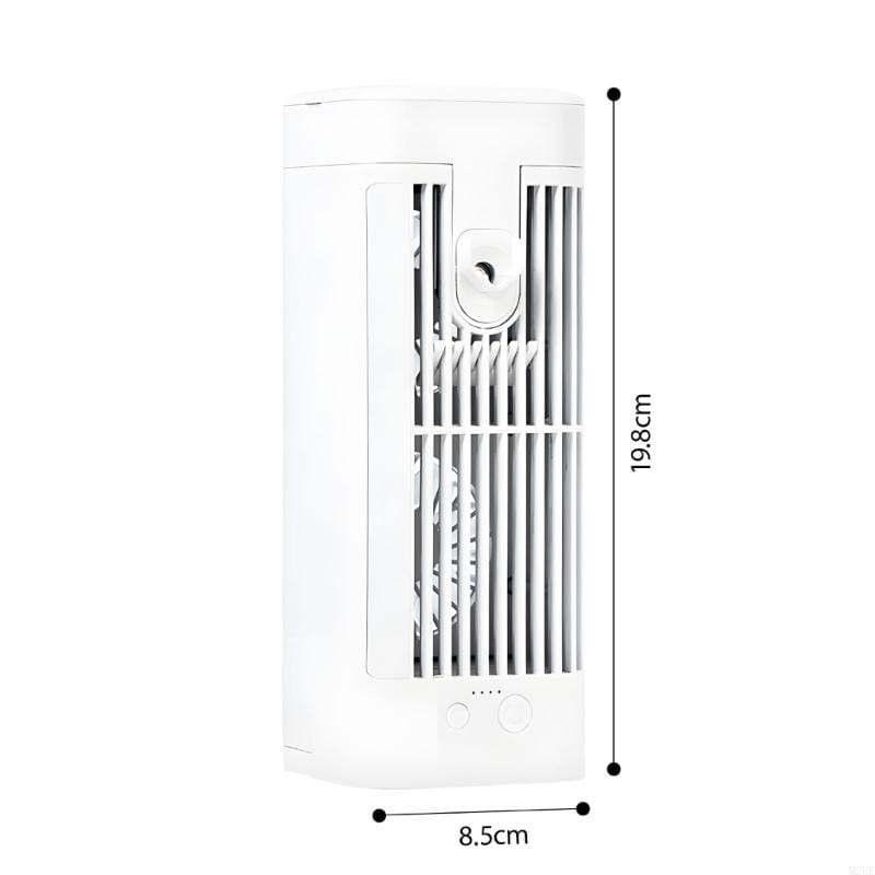 White cylindrical tower fan with vertical slatted grille and minimalist design featuring usb c charging connection for smart home portable humidifier use.