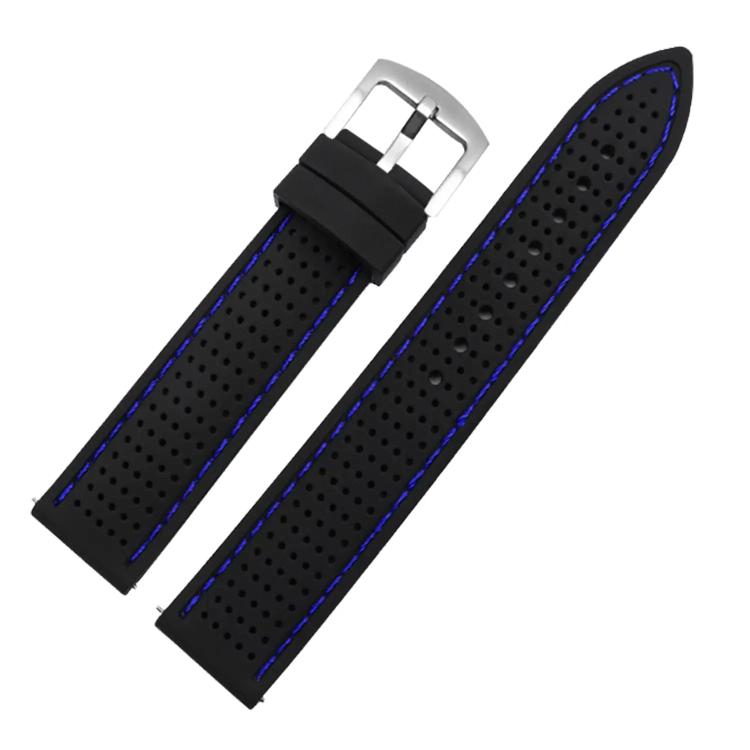 Schwarzes perforiertes Silikon-Uhrenarmband mit kräftiger blauer Steppnaht und schnallenartigem Verschluss in Silberton, kompatibel mit 20 mm, 22 mm, 24 mm Schnellverschluss-Uhren