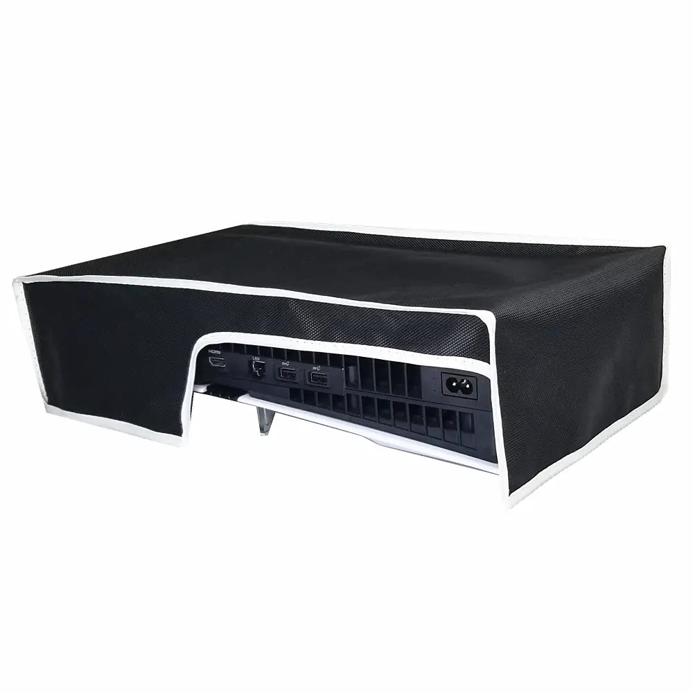 Black mesh cover with white trim made of oxford cloth designed as a dust cover to fit over the ps5 pro console horizontal.