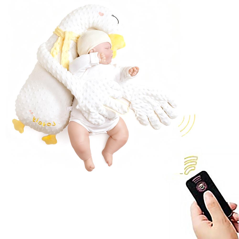 Weiche weiße und gelbe Enten-förmige Baby-Schlafhilfe-Handpuppe mit strukturierter Stoffoberfläche und bestickten Details, entwickelt zur Beruhigung von Säuglingen.