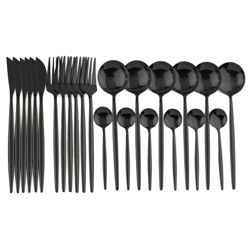 Stainless Steel Tableware 24-Piece Set Knife, Fork and Spoon Set Western Tableware 6 People Black Spoon Fork