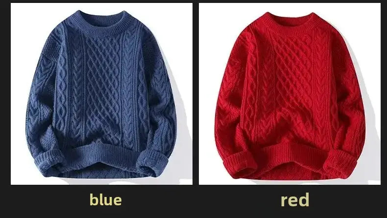 Herren-Cardigan-Lockenstrick-Sweater in Blau und Rot mit gerippten Bündchen und Saum für das lässige Winteroutfit.