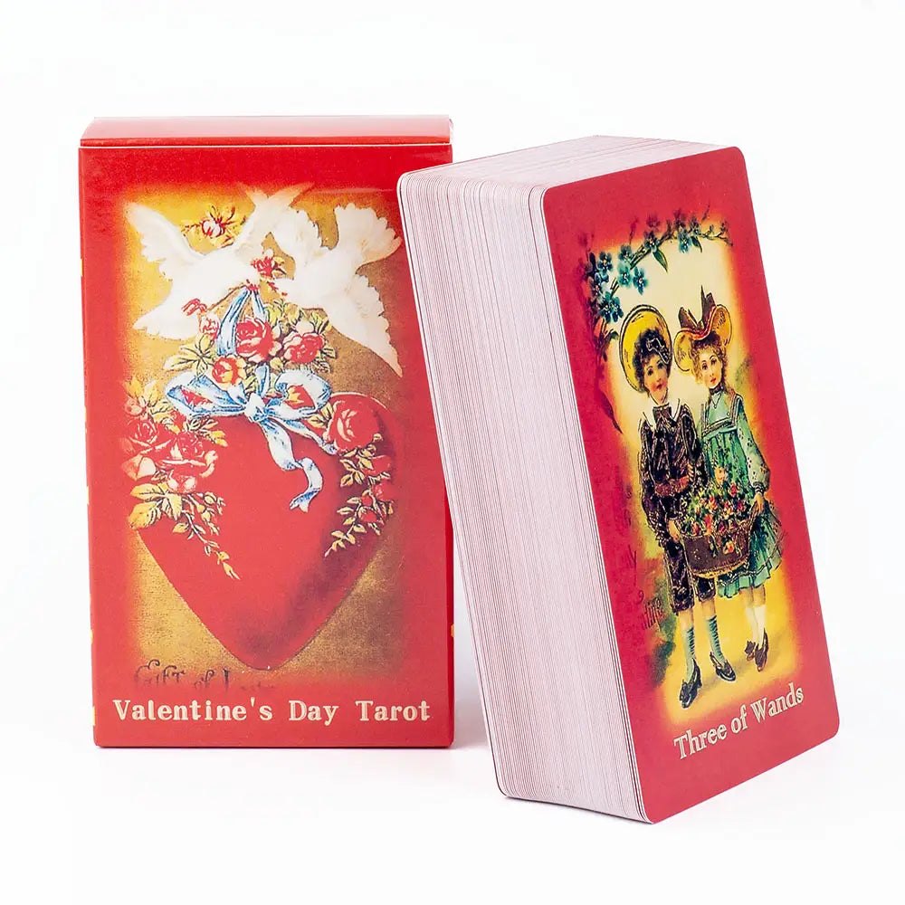 valentine tarot deck love oracle cards featuring red vintage illustrations of a heart and two children on the cards