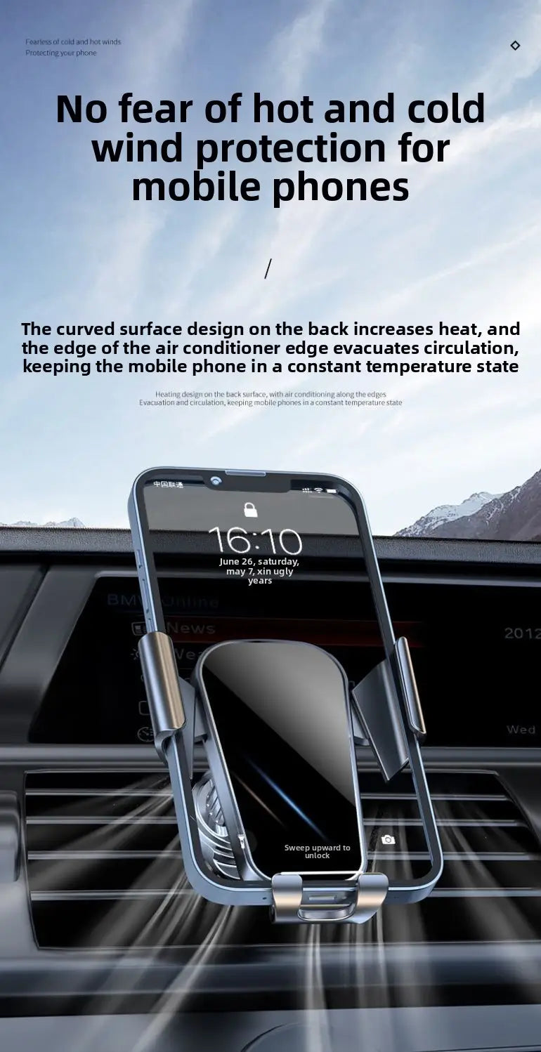 Silver metallic gravity car phone holder with a curved design for dashboard use