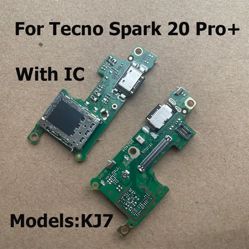 green circuit boards with integrated circuits and usb ports designed as usb charging dock flex cable for tecno spark 20 pro plus smartphone.