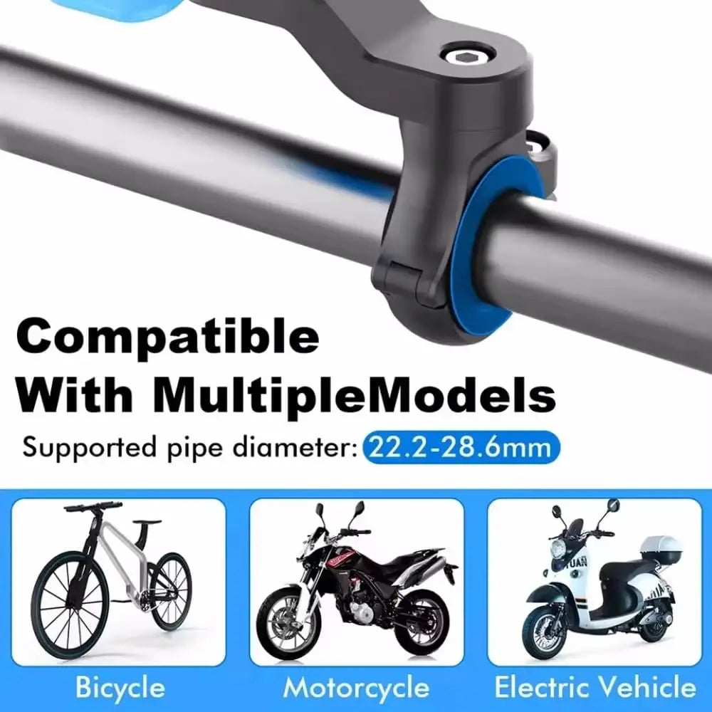 Black and blue adjustable handlebar clamp for bicycles motorcycles or electric vehicles featured in a magnetic bike phone mount universal handlebar GPS holder