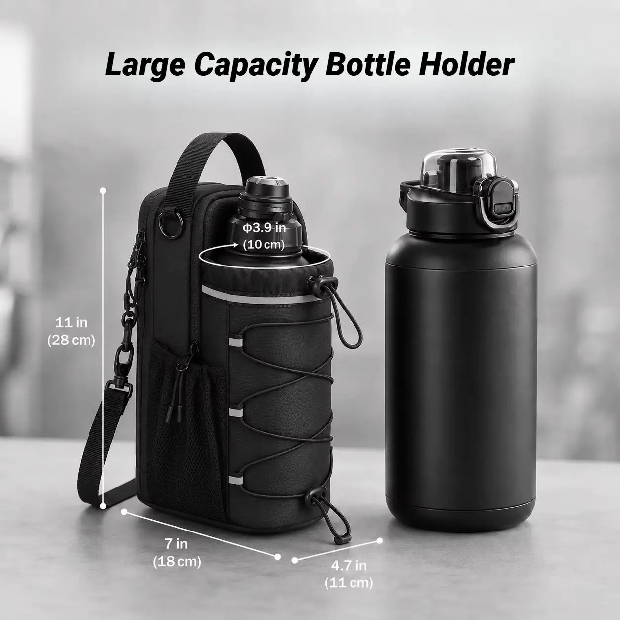 Black fabric magnetic gym bottle bag with adjustable and shoulder straps designed to securely hold a large capacity water bottle.