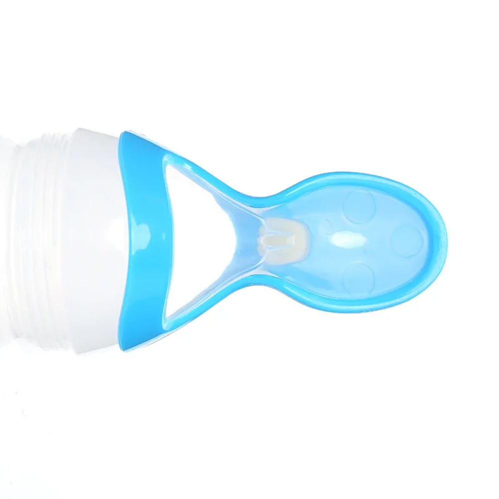 Blaues Silikon-Baby-Fütterlöffel-Fläschchen mit einem transparenten, abgerundeten Löffelende und einem weiß strukturierten Griff aus BPA-freiem Silikon mit einem Fassungsvermögen von 90 ml