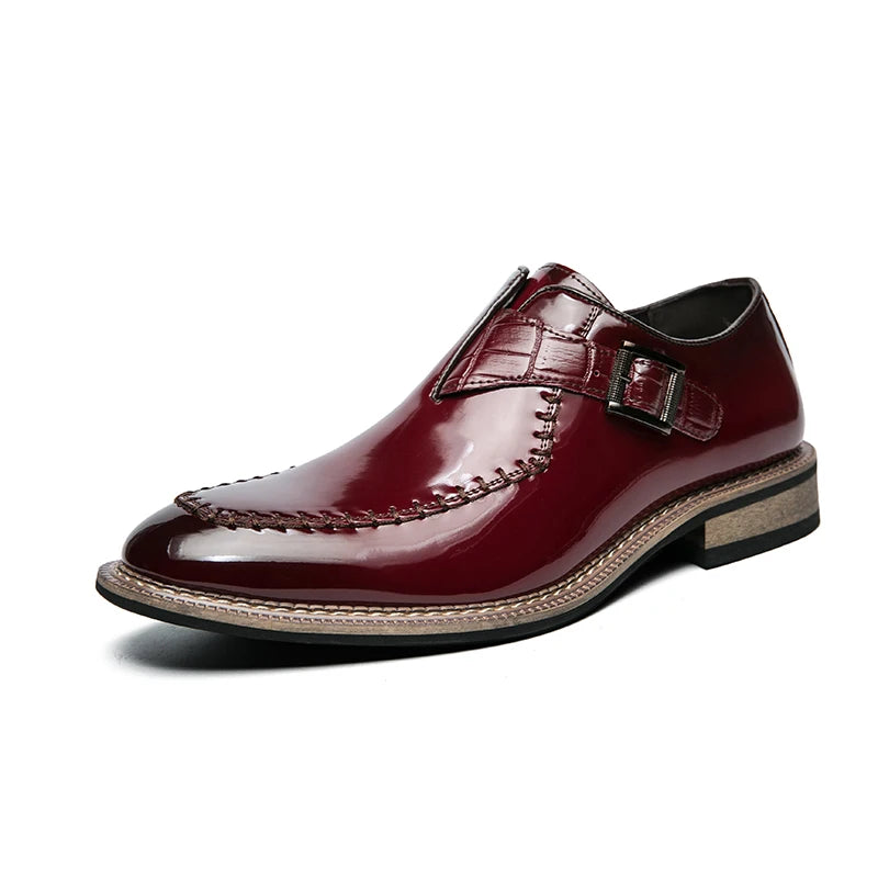 Red Men's Banquet Dress Shoes Luxurious Glossy PU Fashion Designer Leather Shoes Men's Commuting Wooden Heel Black Leather Shoes