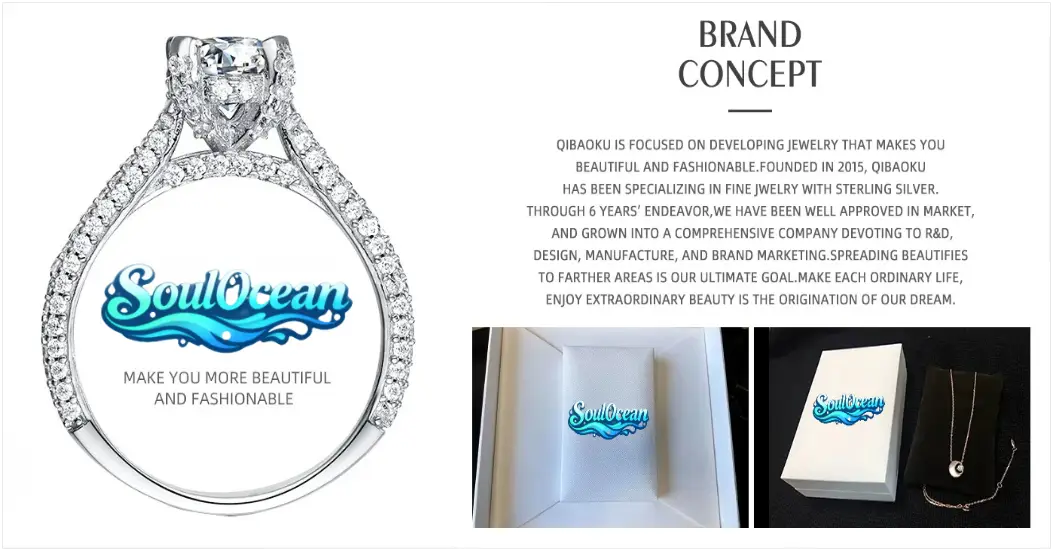 Une bague argentée étincelante avec un diamant central et des diamants plus petits le long de l’anneau, accompagnant un collier pendentif moulin à vent en citrine, collection de pierres de naissance dorées, présentant le logo Soulocean en bleu et blanc.