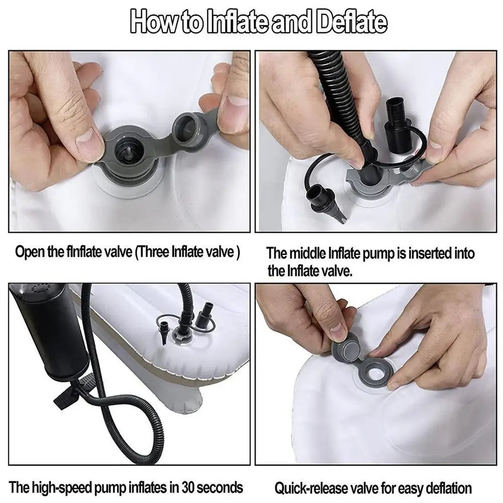 Lit d’avion d’appoint portable pour tout-petit gonflable blanc, avec matelas d’air de voyage, raccords de valve et de pompe gris.