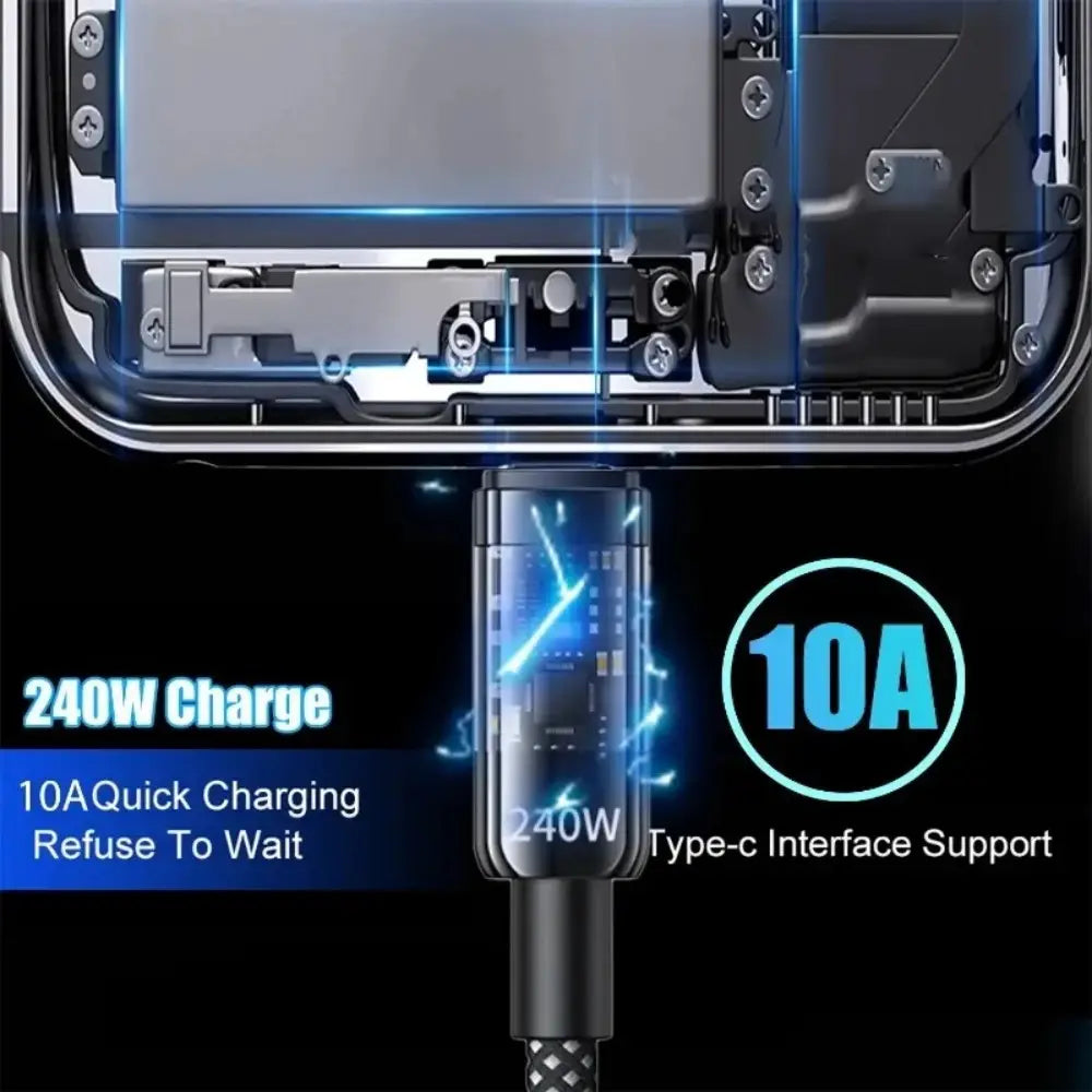 編組デザインとLEDディスプレイを備えた、240Wの電力容量に対応するブラックのUSB Type-C急速充電ケーブル。