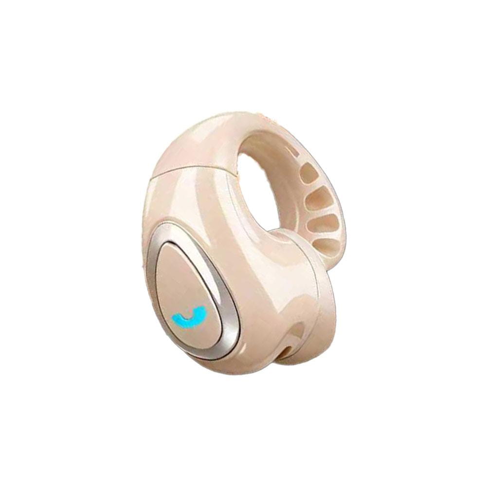 Beige open ear clip on wireless bluetooth earbud with a sleek ergonomic design and a glowing blue call icon on the silver accent button.