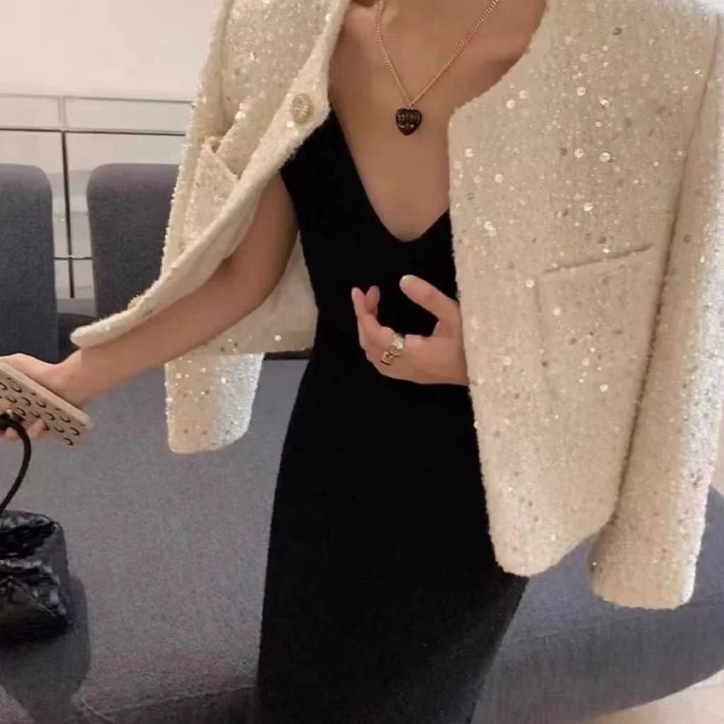 Women Chic Sequins Sweet Tweed Jacket Elegant Long Sleeve Slim Coat Fashion O-Neck Spring Autumn All Match New Tops