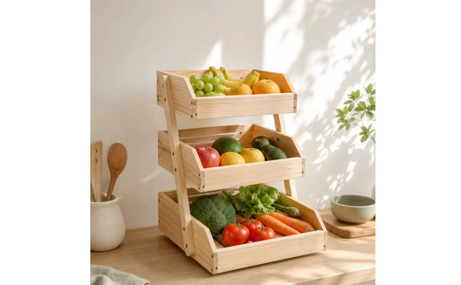 Support de rangement d’organisateur de plan de travail en bois clair à trois niveaux pour les fruits et les légumes