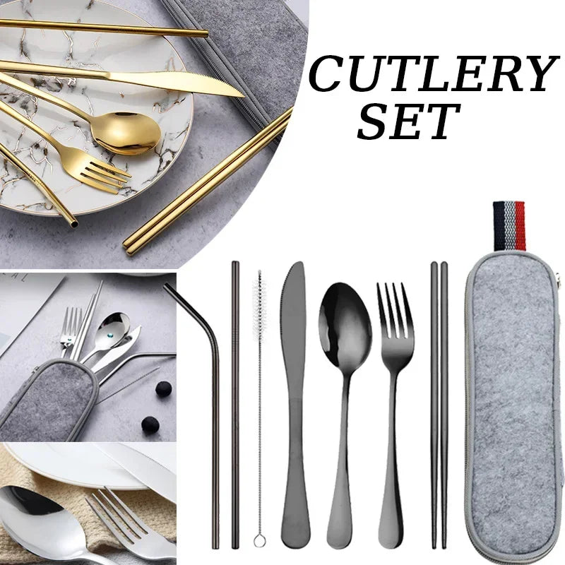 Tableware Reusable Travel Cutlery Set Camp Utensils Set with Stainless Steel Spoon Fork Chopsticks Straw Portable Case