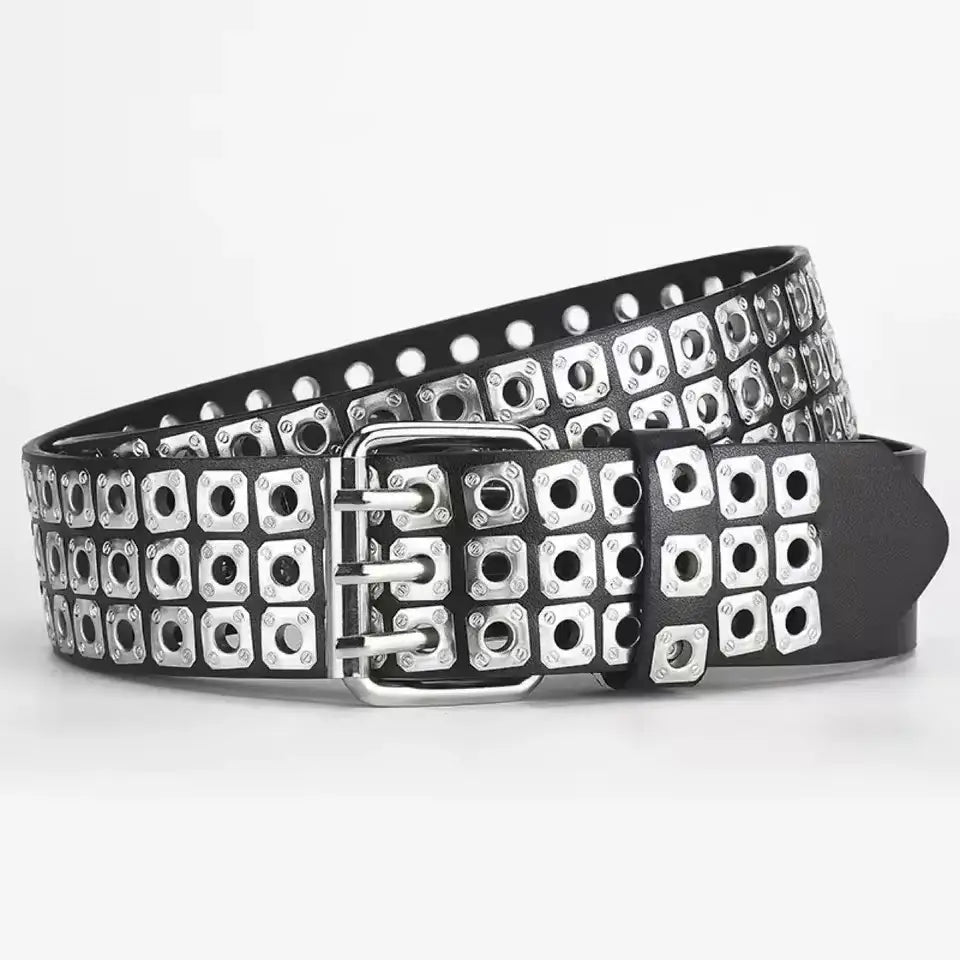 black leather studded leather punk belt with silver-toned square studs and a triple-prong buckle
