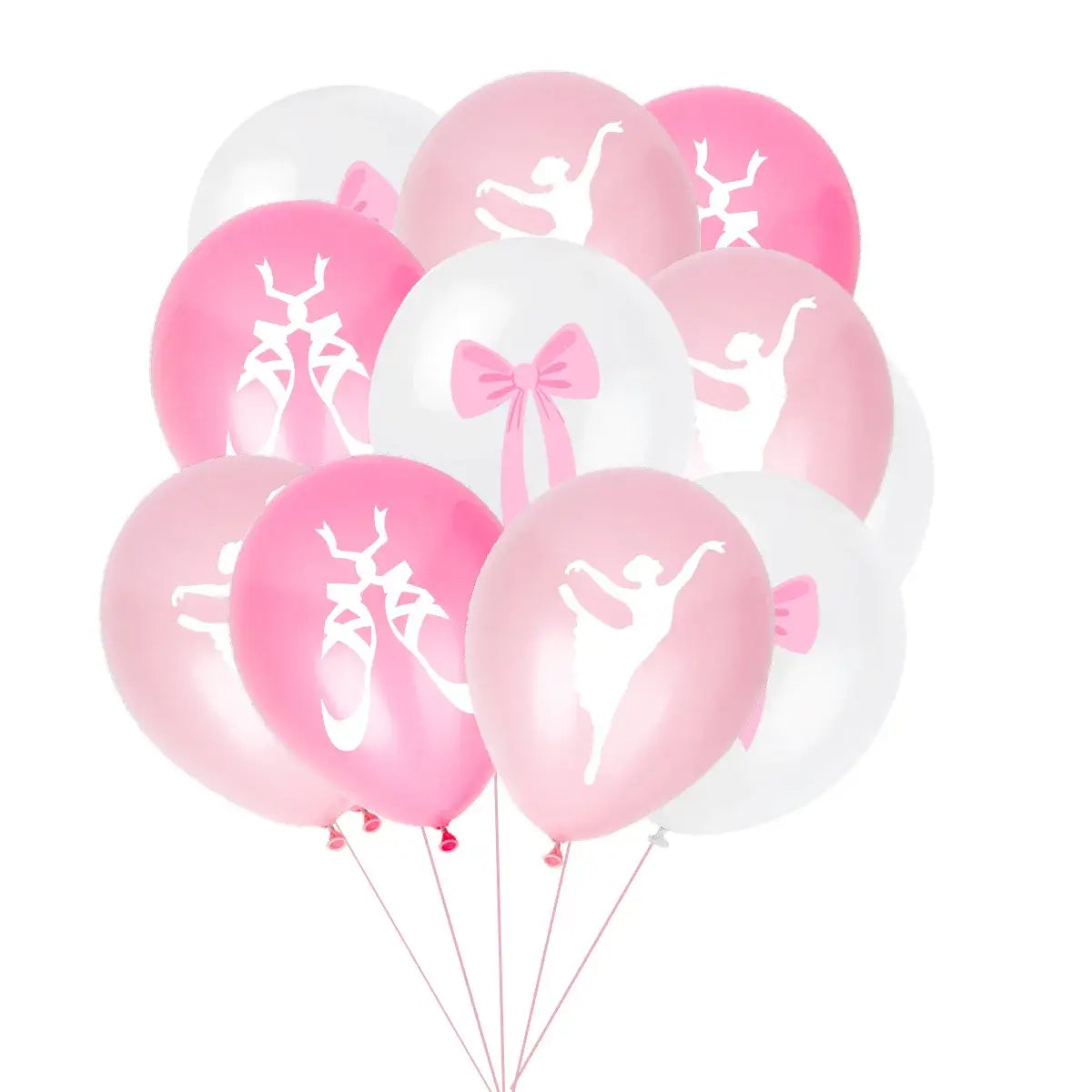 un ensemble de plusieurs ballons en latex roses et blancs, avec des silhouettes sur le thème de la danse classique de danseuses, des nœuds et des chaussons de pointe, accompagnant une bannière d’anniversaire de danse classique et un ensemble de topper de gâteau.