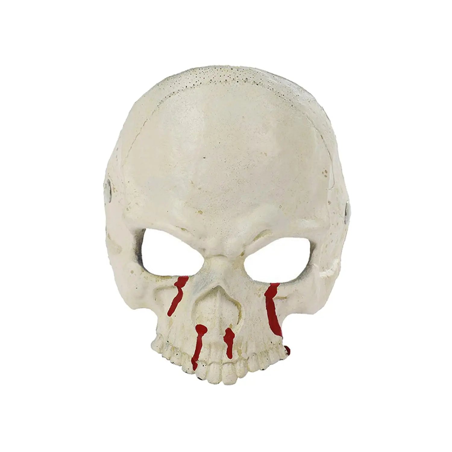 A white plastic halloween half face mask resembling a skull with red painted tear-like streaks running from the eye sockets to the jawline designed as a bloody skull half face costume prop.