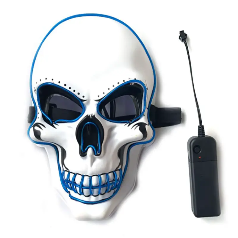 Máscara blanca de calavera luminosa con contorno LED de luz fría azul, que incluye delineado de ojos, nariz y dientes, con paquete de controlador para disfraz de calavera de Halloween