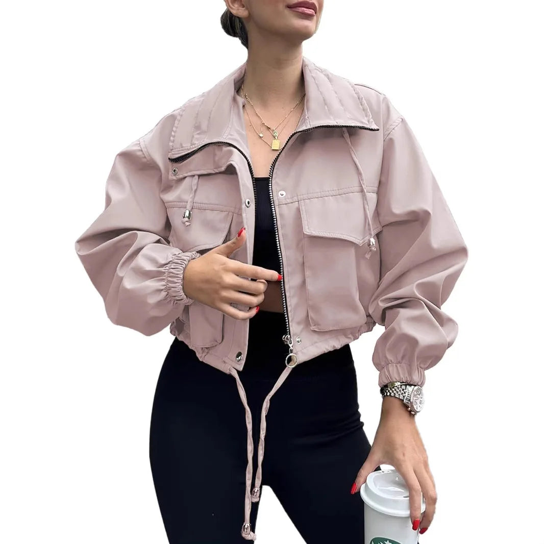 Women's Solid Color Short Jacket Zipper Trench Coat New 2025 Fashion Elegant Outerwear for Ladies